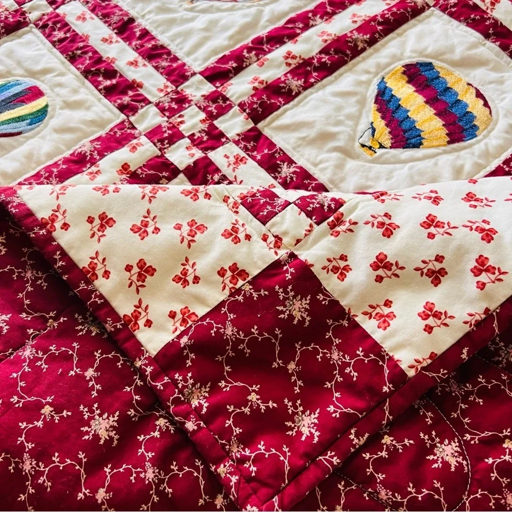 Bespoke Handmade Embroidered Hot Air Balloon Cotton Wall-Hanging Quilt.